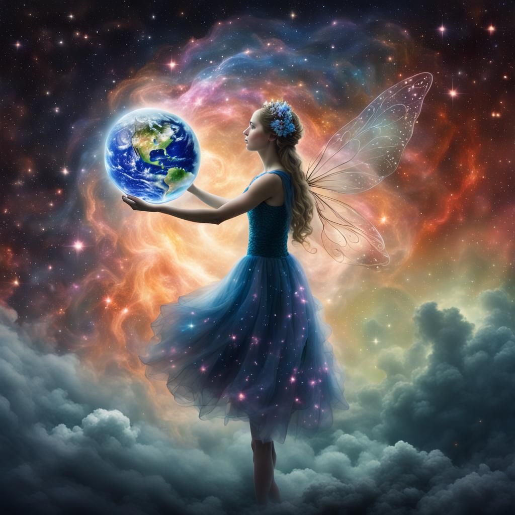 Ethereal Fairy Protecting Earth in Nebula