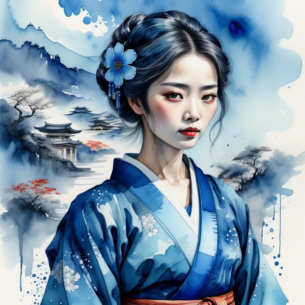 Woman in Blue Kimono: Watercolor Ink Drawing