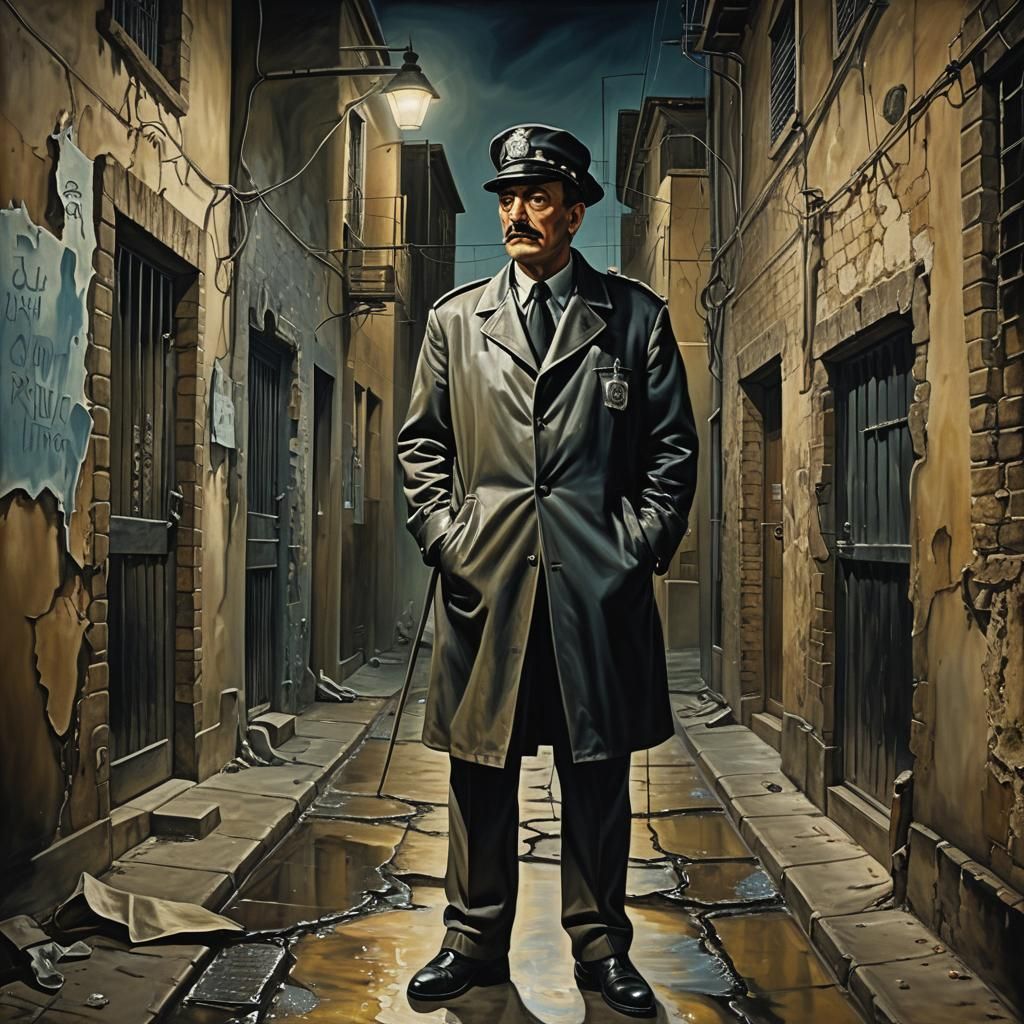 Surreal Corrupt Captain in Melting Alleyway, Dali-Inspired