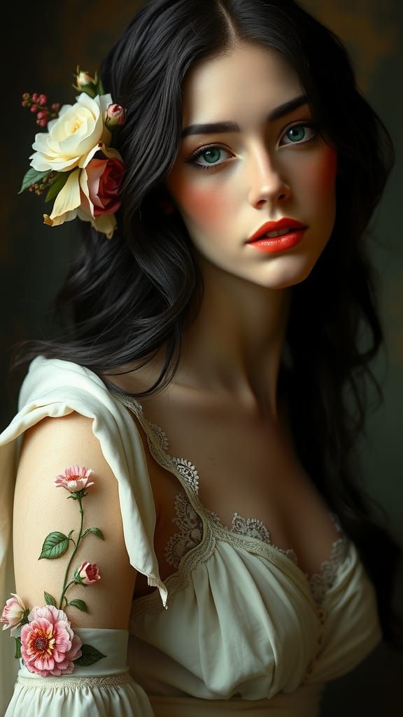 Ethereal Woman in Lace and Velvet, Adorned with Florals