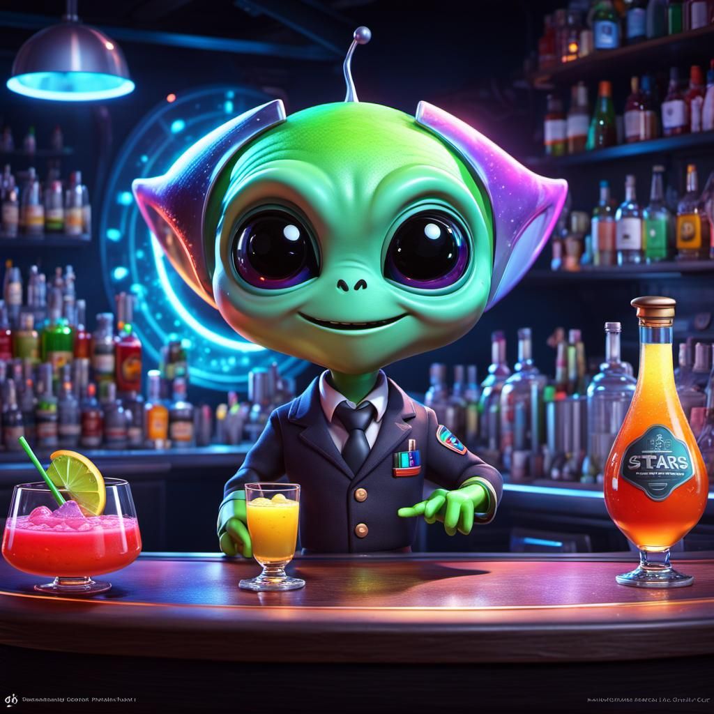 Chibi Alien Bartender Creates a Cocktail