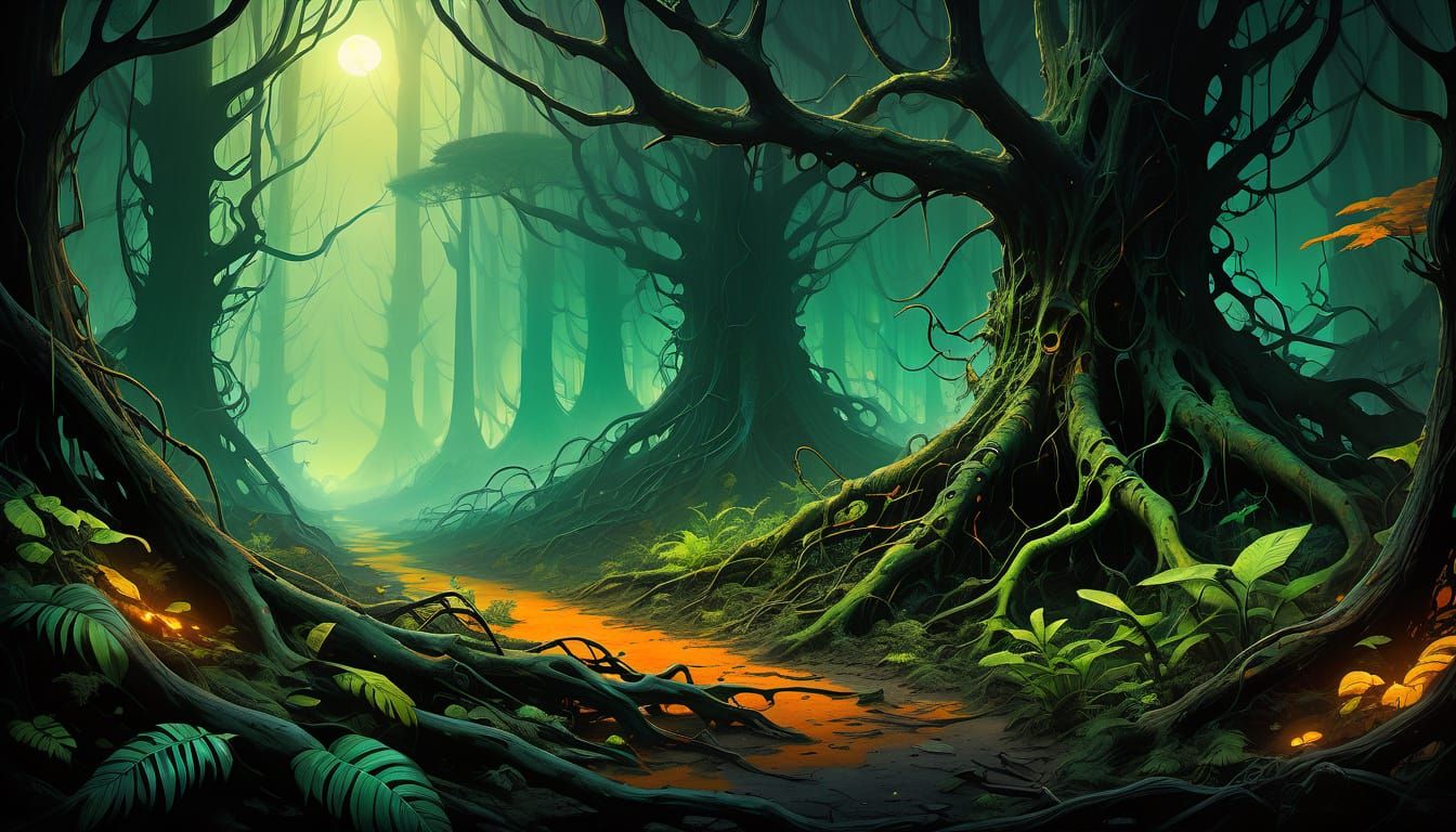 Darkly Realized Desolate Forest Landscape