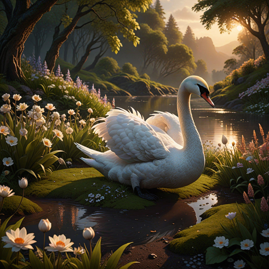 Majestic Swan Amidst Verdant Paradise in Earthy Tone Fantasy...