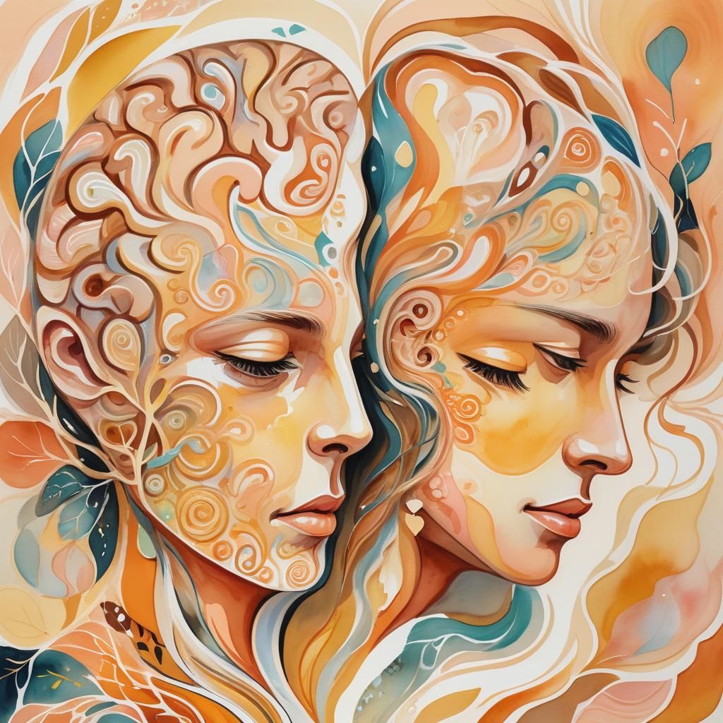 Intertwined Brain and Heart in Gouache Painting