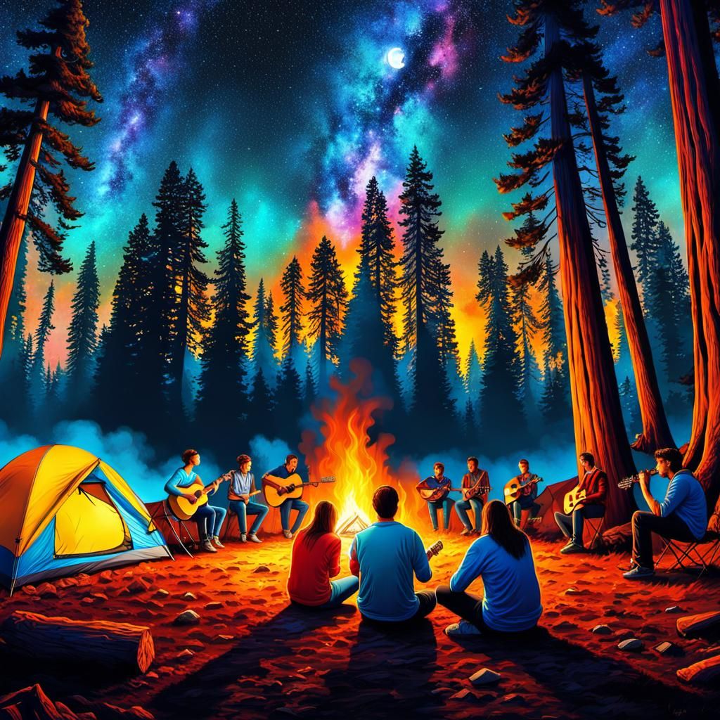 Redwood Camping Scene in Hyperrealistic Style
