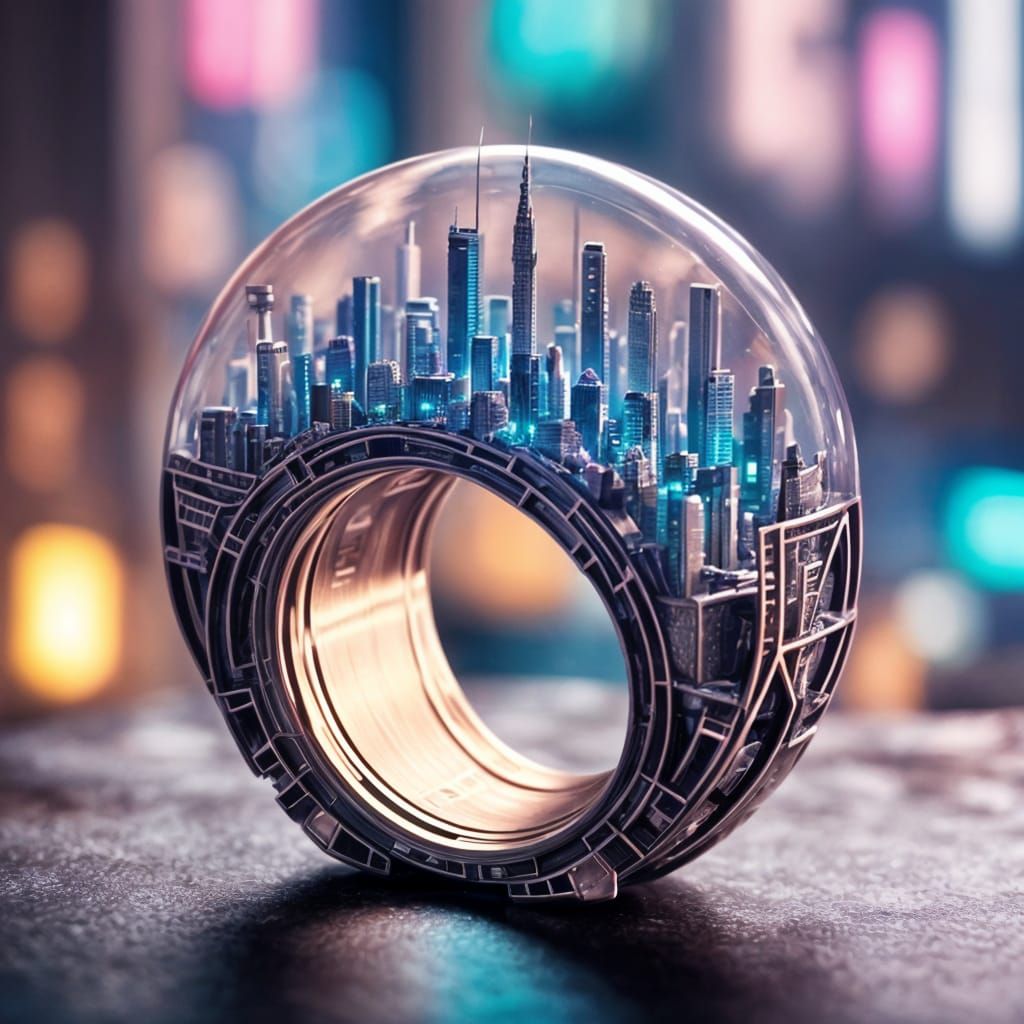Cyberpunk Cityscape Inside Ring Macro Photography