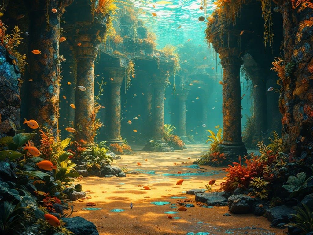 Underwater Wonders of Ancient Atlantis in Vibrant Mosaic Sty...
