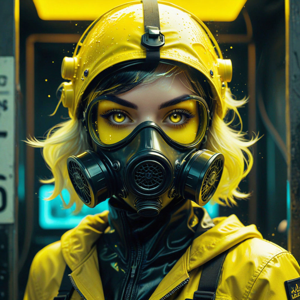 "Vaporwave" cute intricate Mysterious woman wearing gas mask Pin-up in bioluminescent vaporwave yellow glow dark laborat...