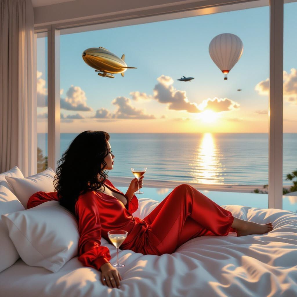Woman Gazes Through Glass Wall at Sunset Beach Scene