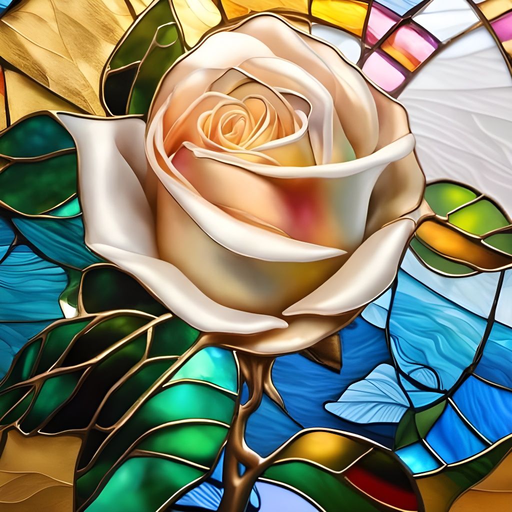 Stained Glass Rose with Gold Lines, 5D Art