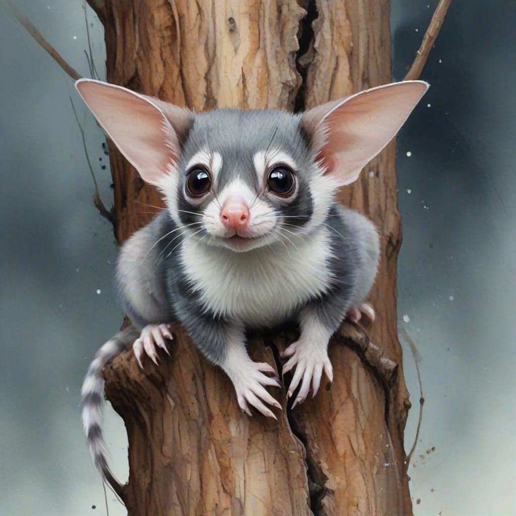 Adorable Sugar Glider in Moonlit Rainforest Gouache and Char...