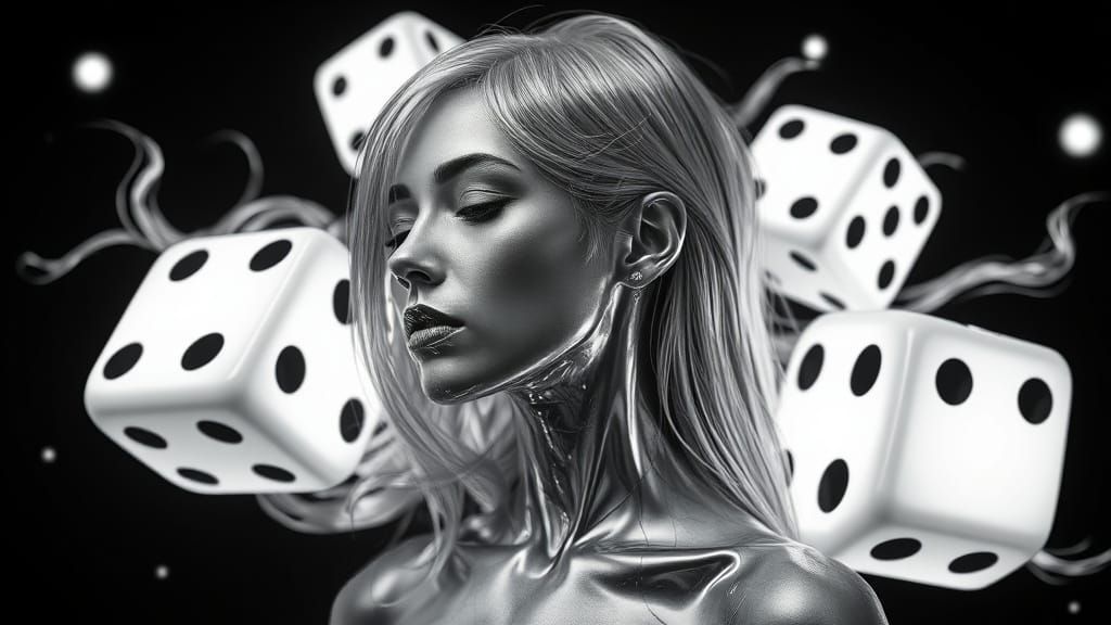 Surreal Woman Merges with Glowing Dice in Futuristic Environ...