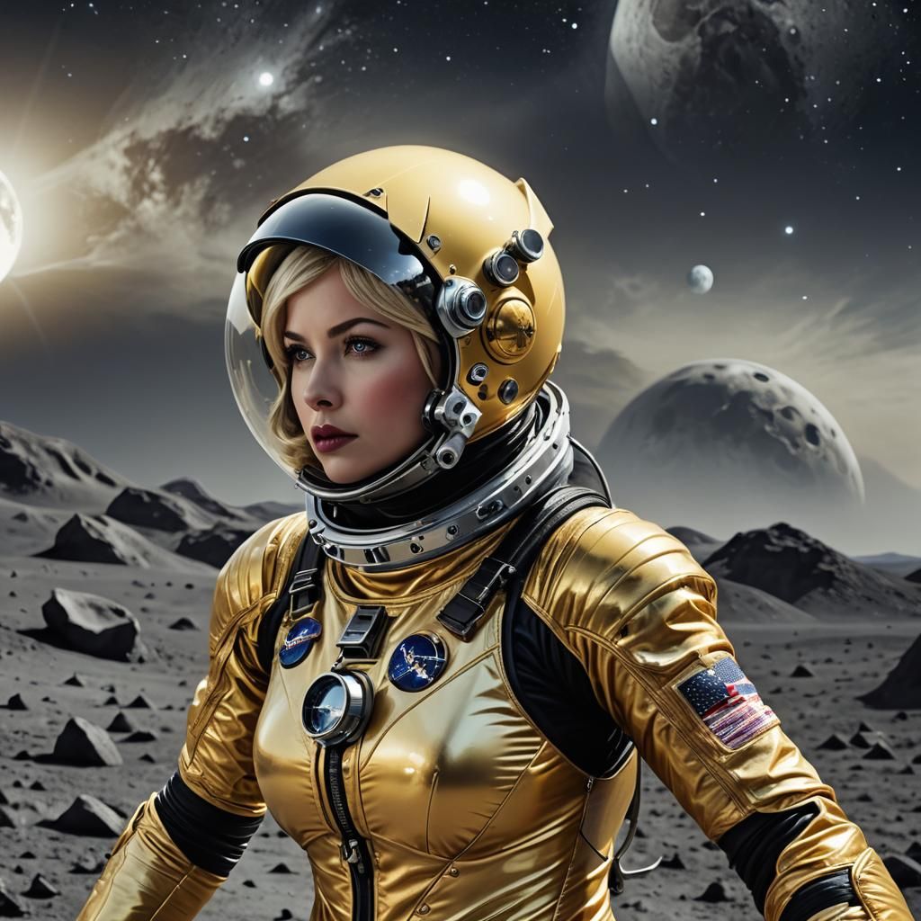 012 A beautiful female astronaut wearing a yellow/golden spacesuit on the moon.
