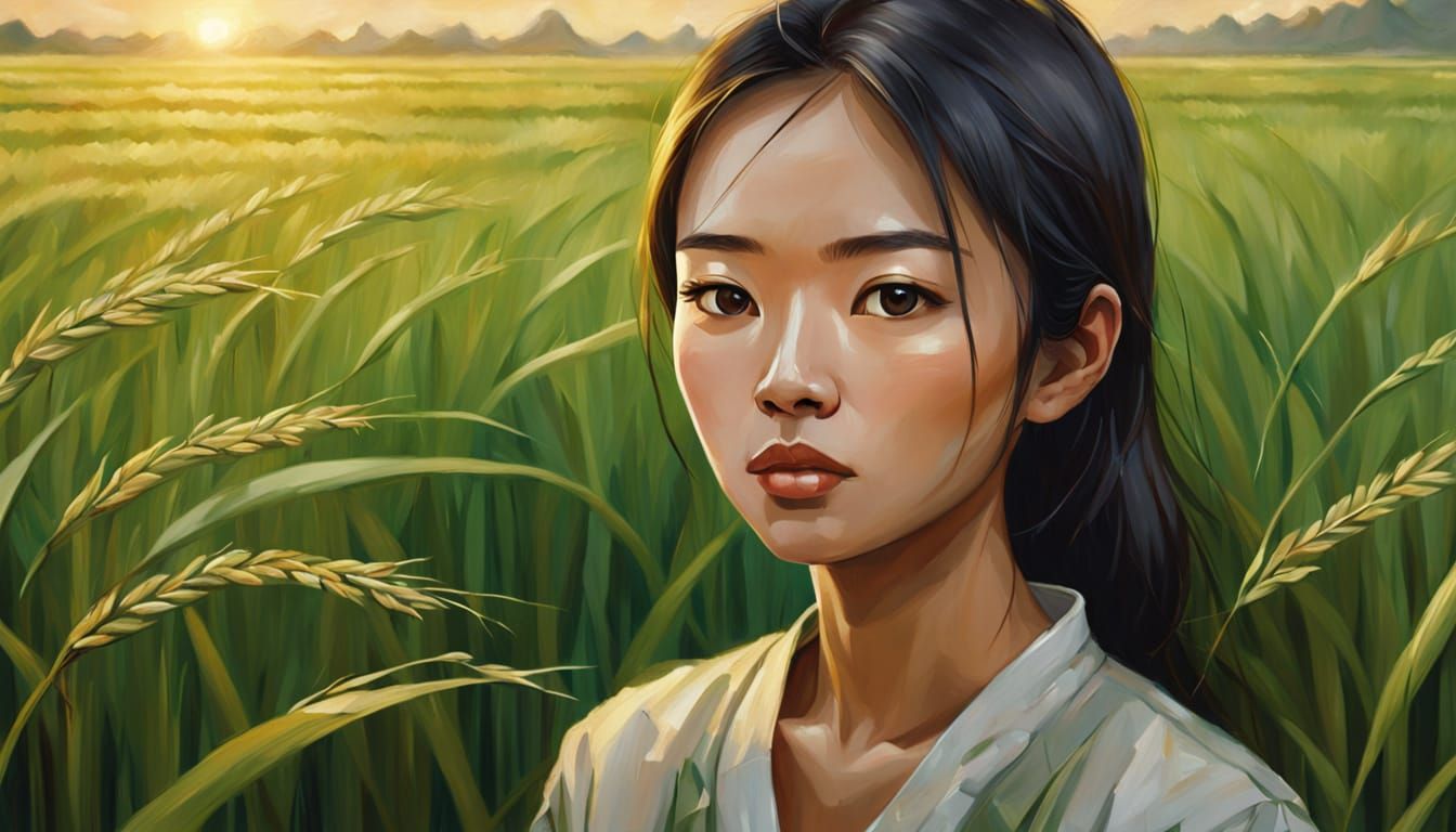 Asian Woman in Rice Field: Contemporary Oil Painting