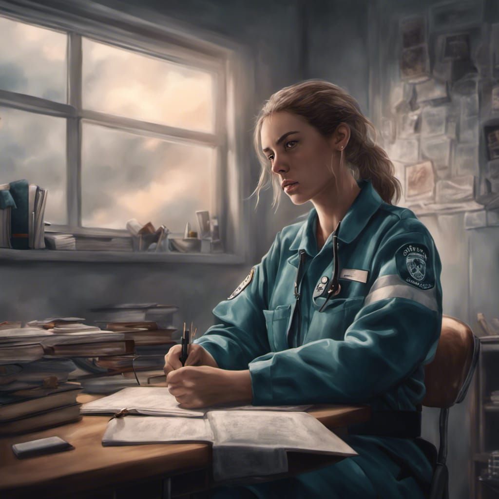 Female Paramedic Struggles Studying in Moody Lighting
