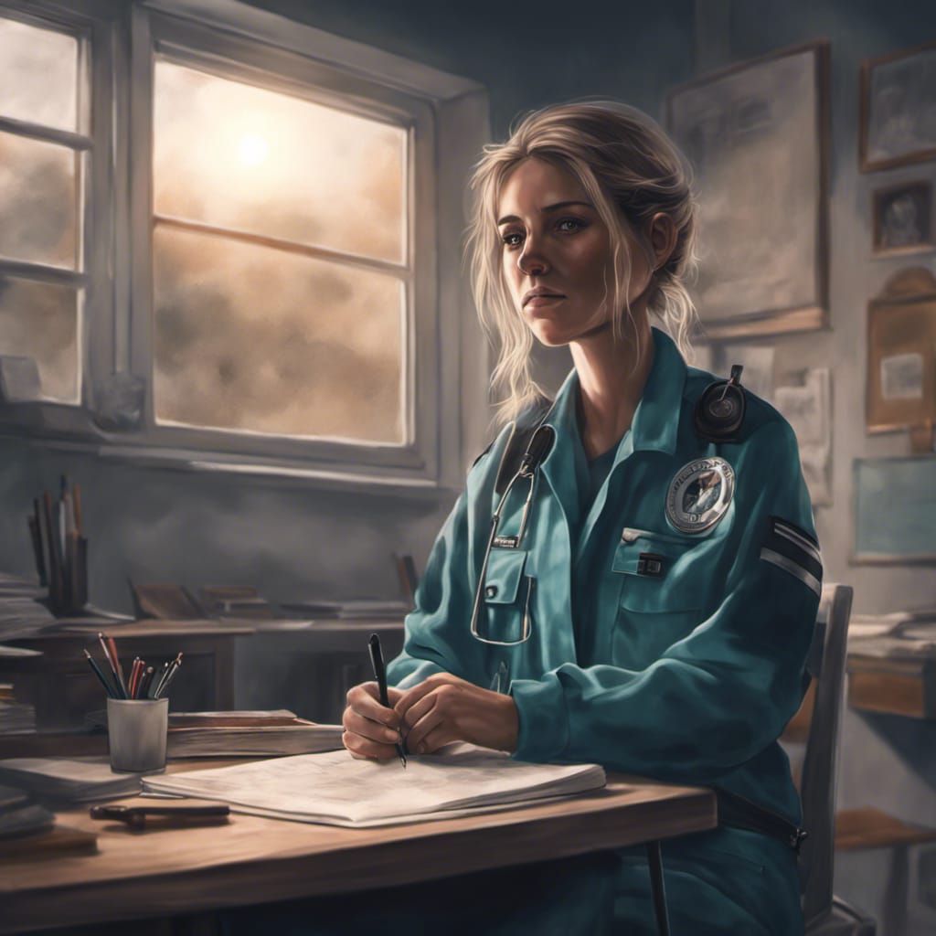 Paramedic Struggles Studying in Moody, Hyperrealistic Room