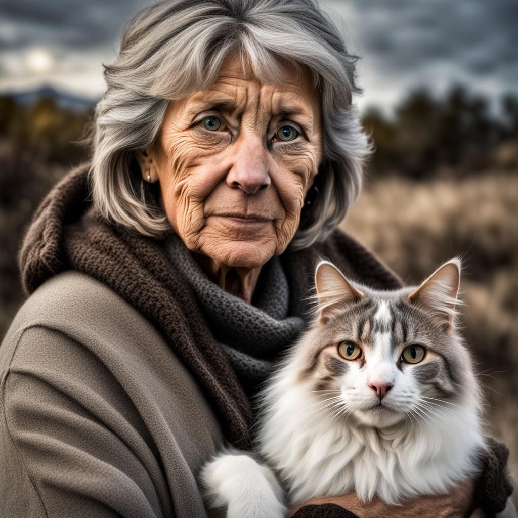 Elegant Woman with Angora Cat, Hyperrealistic Image
