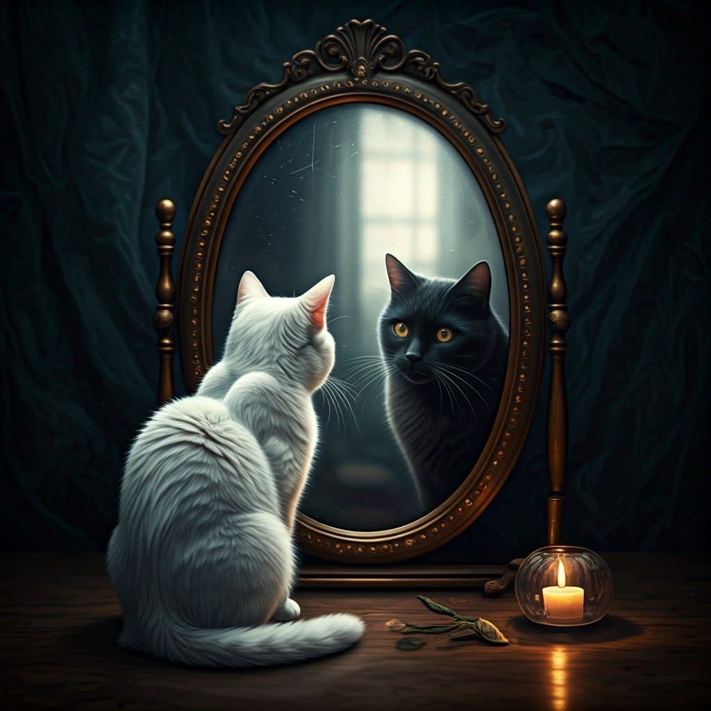 White Cat's Dark Reflection in Misty Mirror