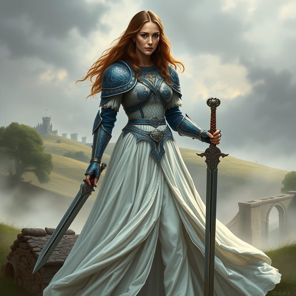 Regal Female Warrior in White Gown and Celtic-Inspired Armor