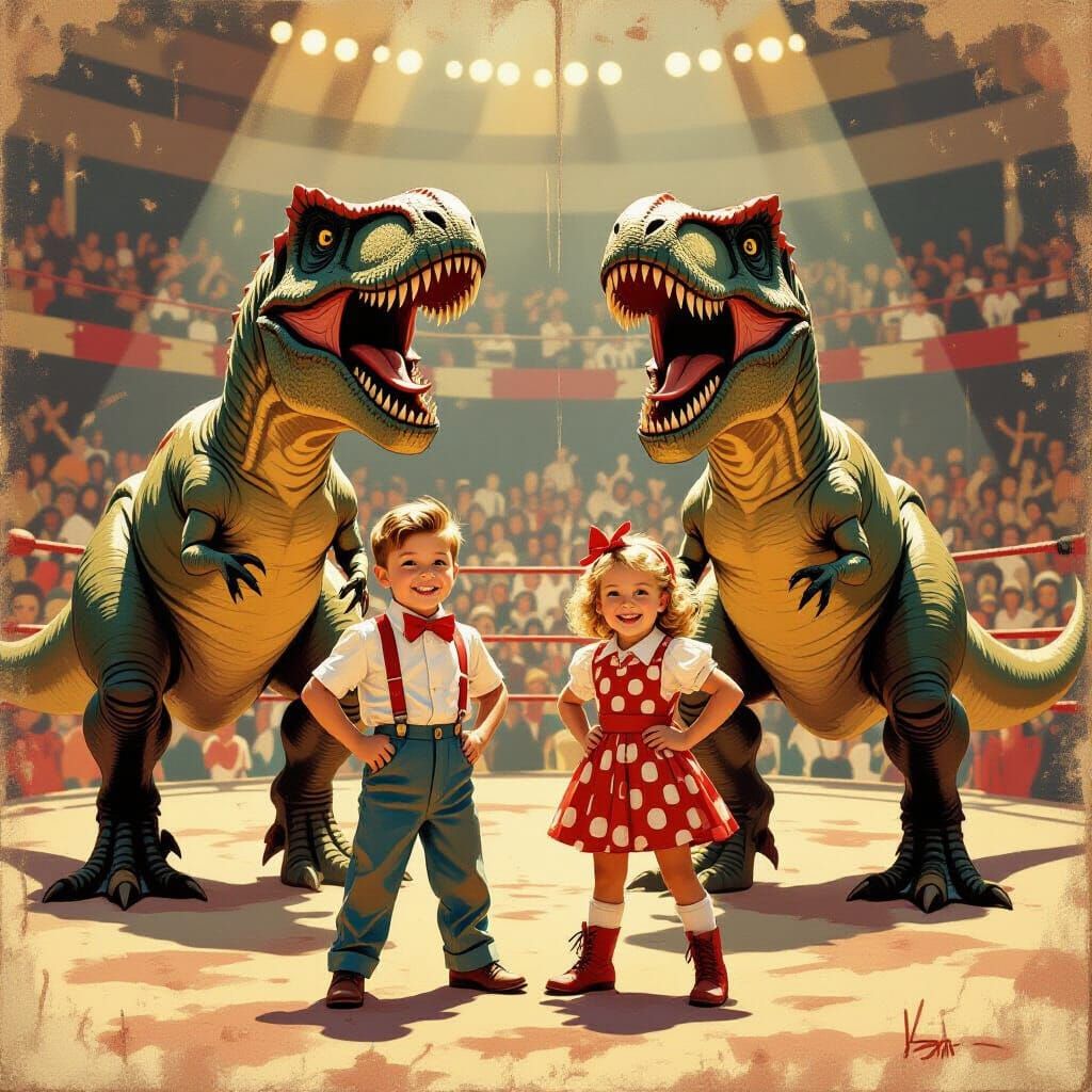 Kids & T-Rex in Vintage Wrestling Arena Propaganda Style