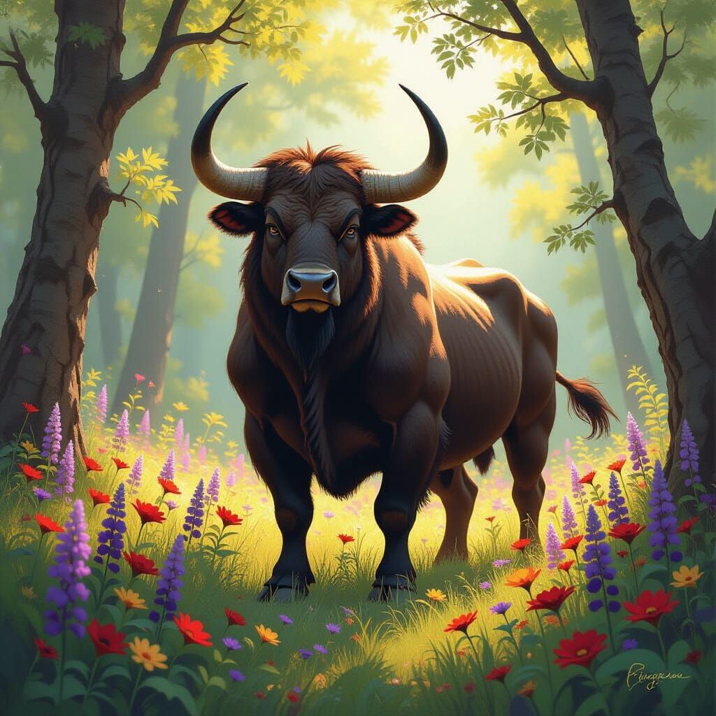 Minotaur in Forest Glade, Fantasy Illustration