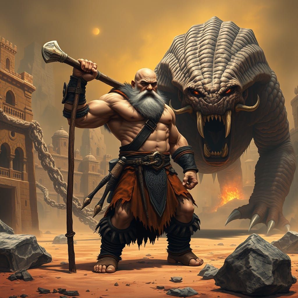 Mighty Dwarf Warrior Confronts Desert Beast in Athas Arena