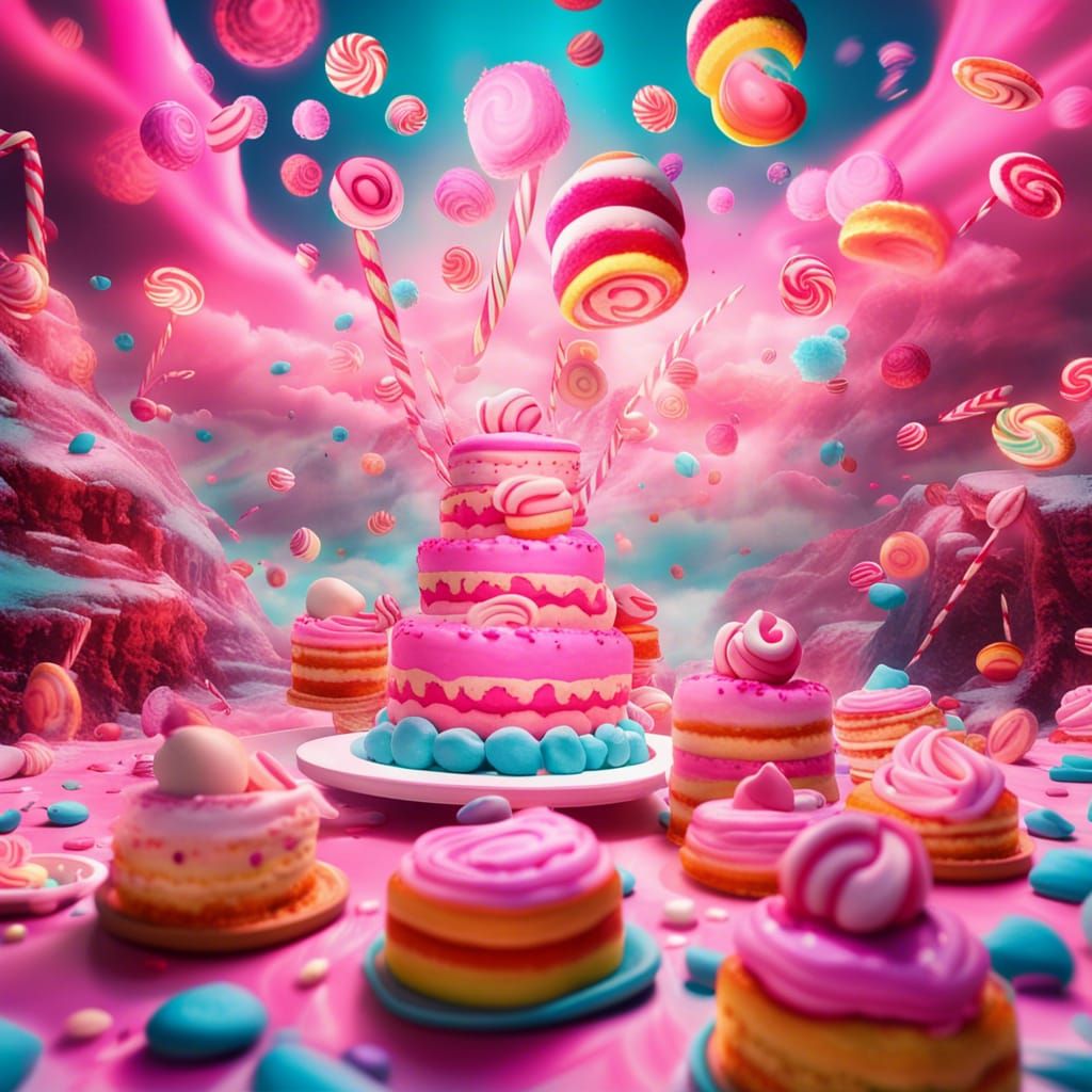 Candy Wonderland with Cakes Falling from Sky