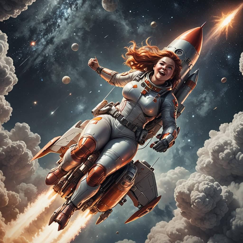 spectacular beautiful rocket woman chubby body hyperdetailed riding a rocket out of space dynamic lighting