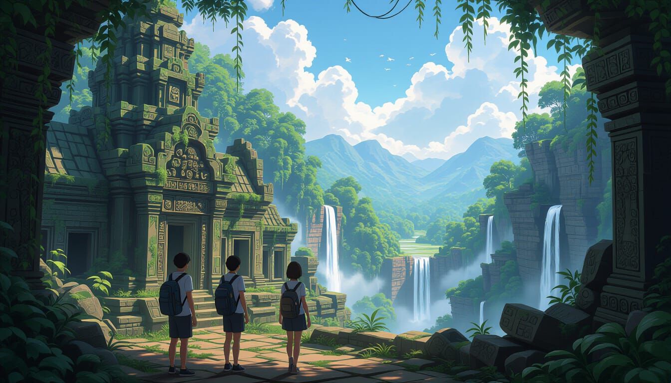 Tourists Explore Ancient Jungle Temple: Anime Style