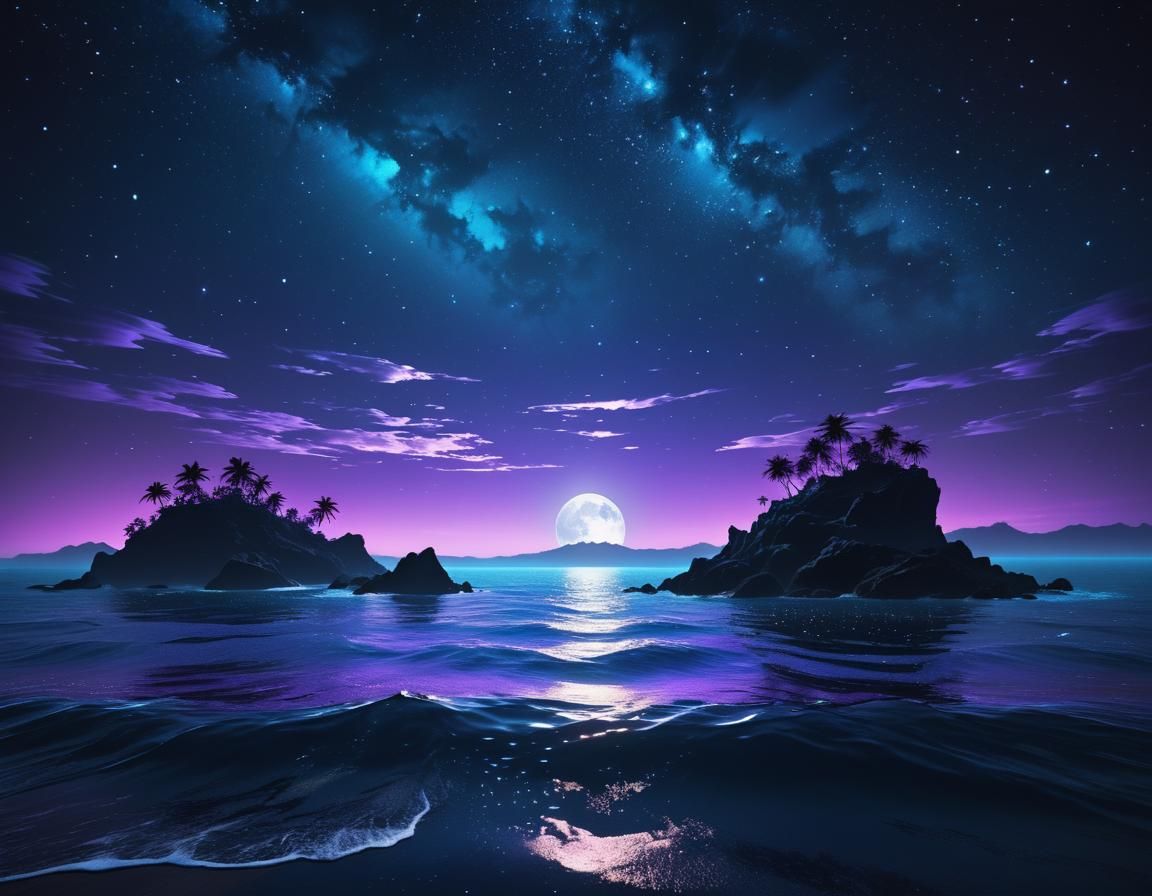 Vibrant Starry Night Over Ocean Island: Sci-Fi Landscape