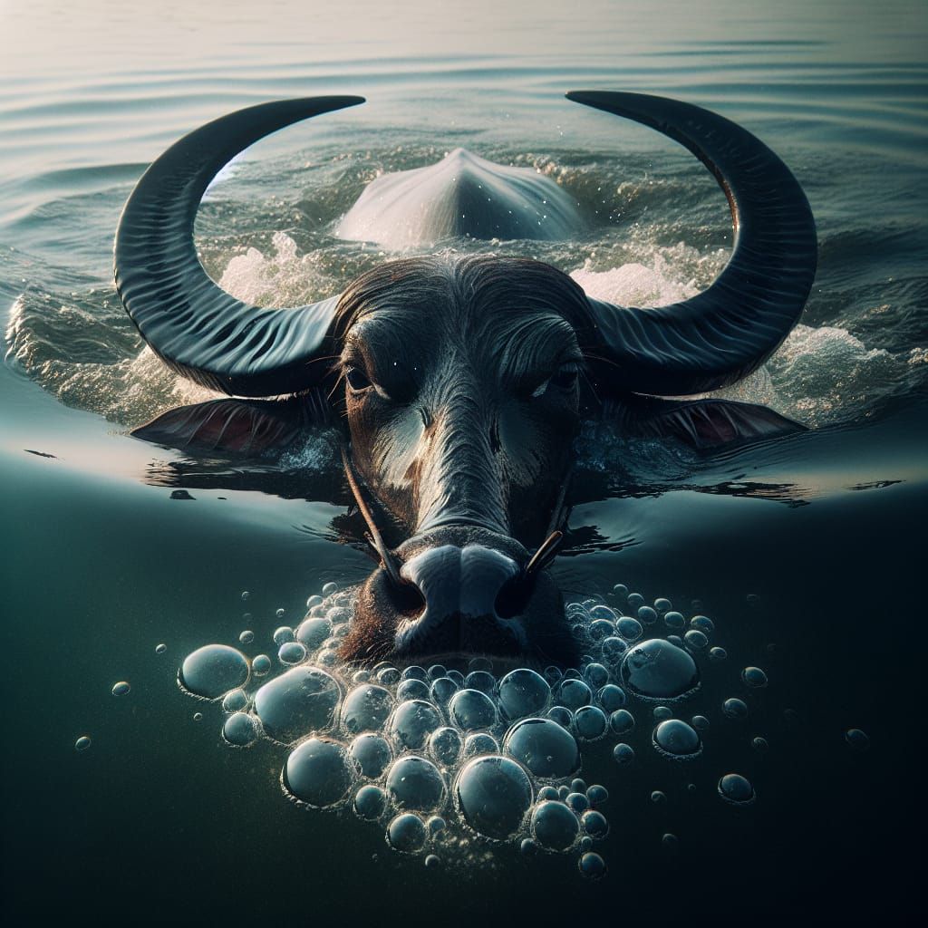 Indian Water Buffalo Dives in Whimsical Water Scene