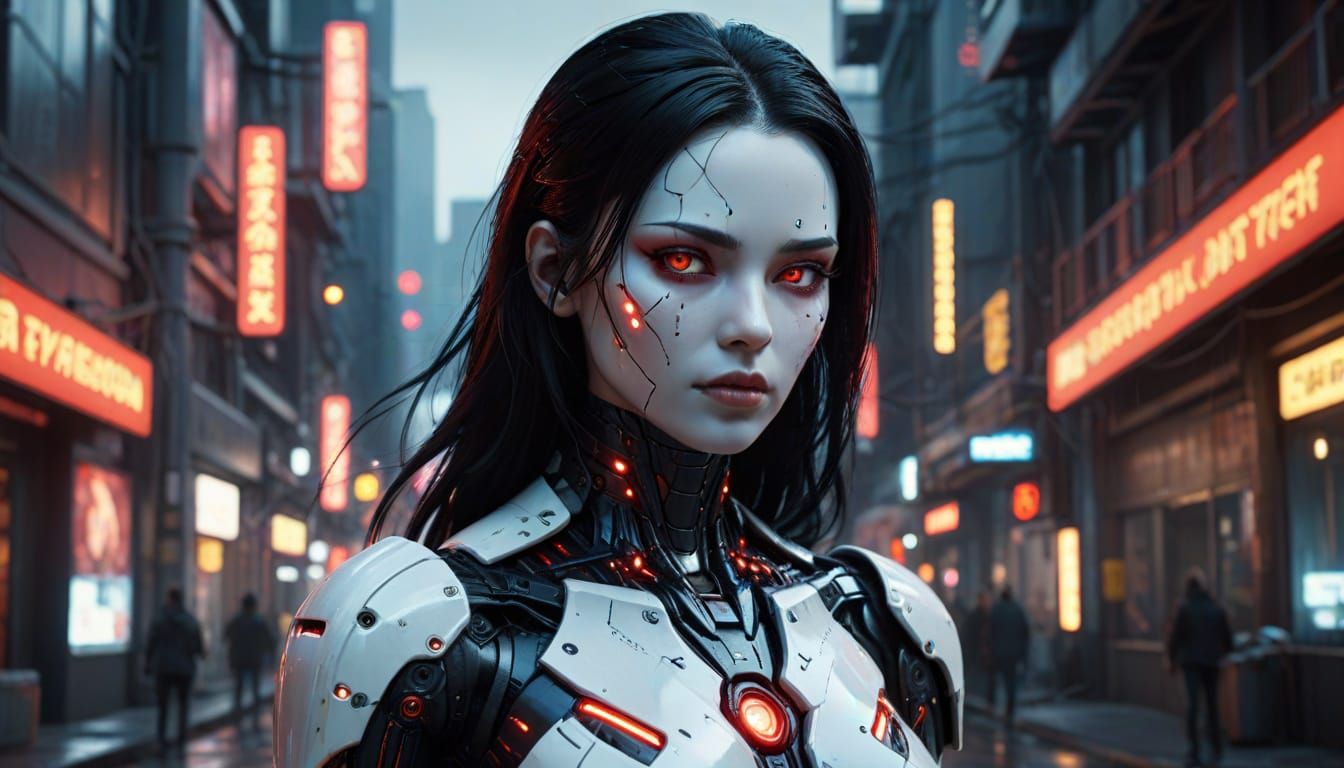 Cyberpunk Android with Red Eyes in Futuristic City