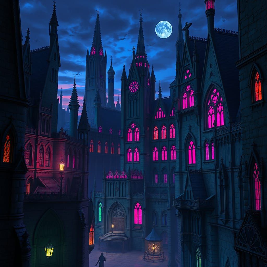 Gothic Cityscapes at Dusk in Neon Glory