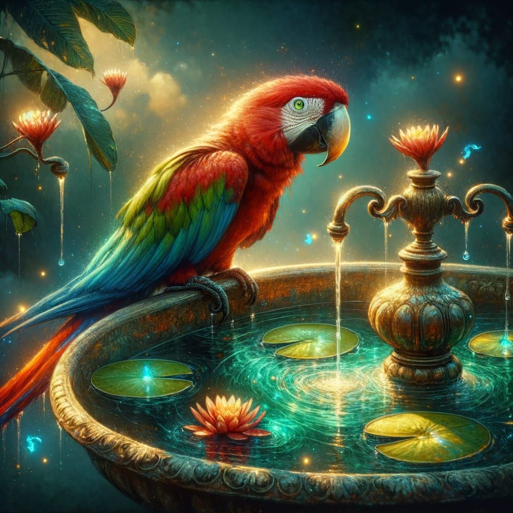 Scarlet Macaw in Twilight, Digital Watercolour Art