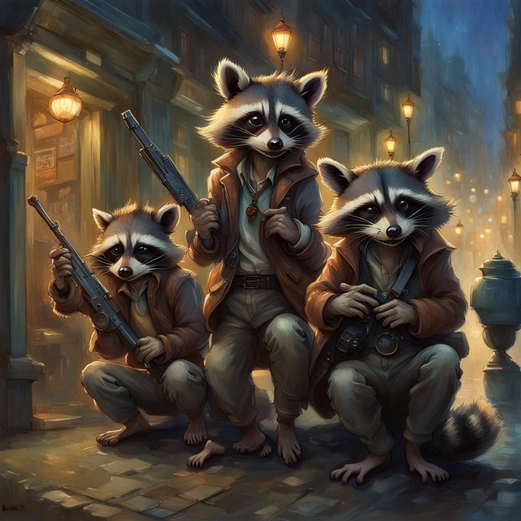 Mischievous Raccoons Heist in a Whimsical Style
