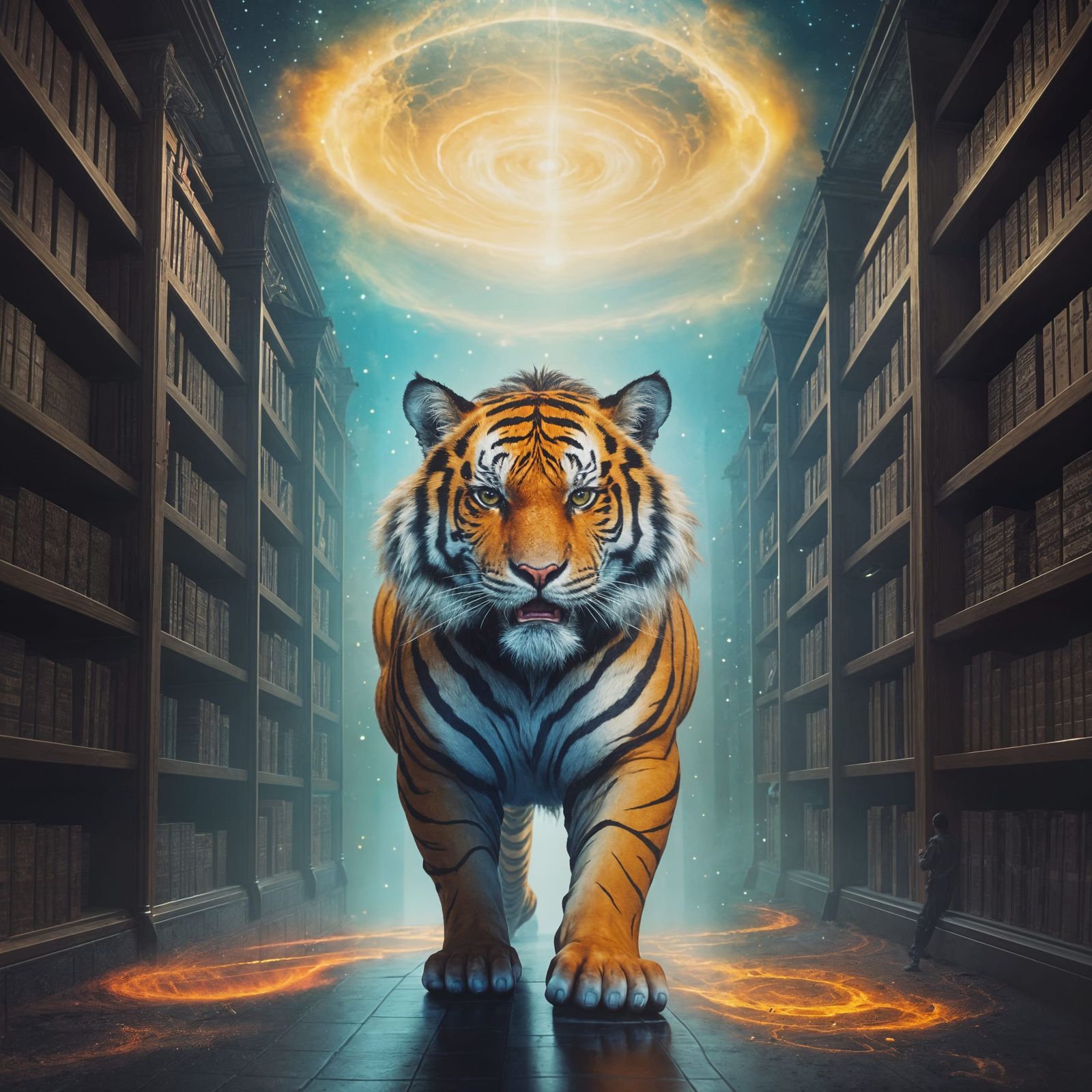 Enraged Tiger Amidst Cosmic Book Shelves in Surreal Oil Pain...