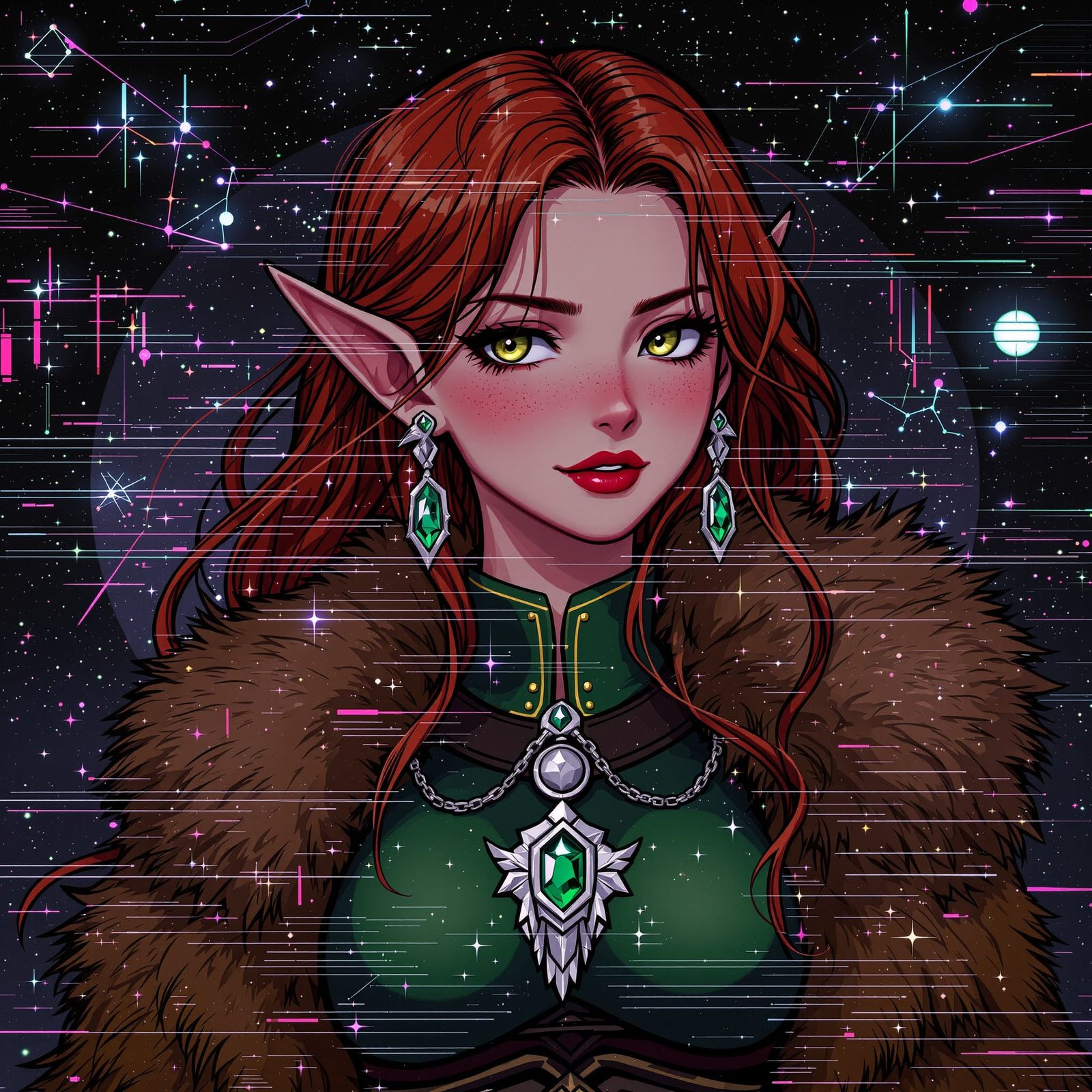 Anime Elf Woman in Emerald Armor with Constellation Glitch