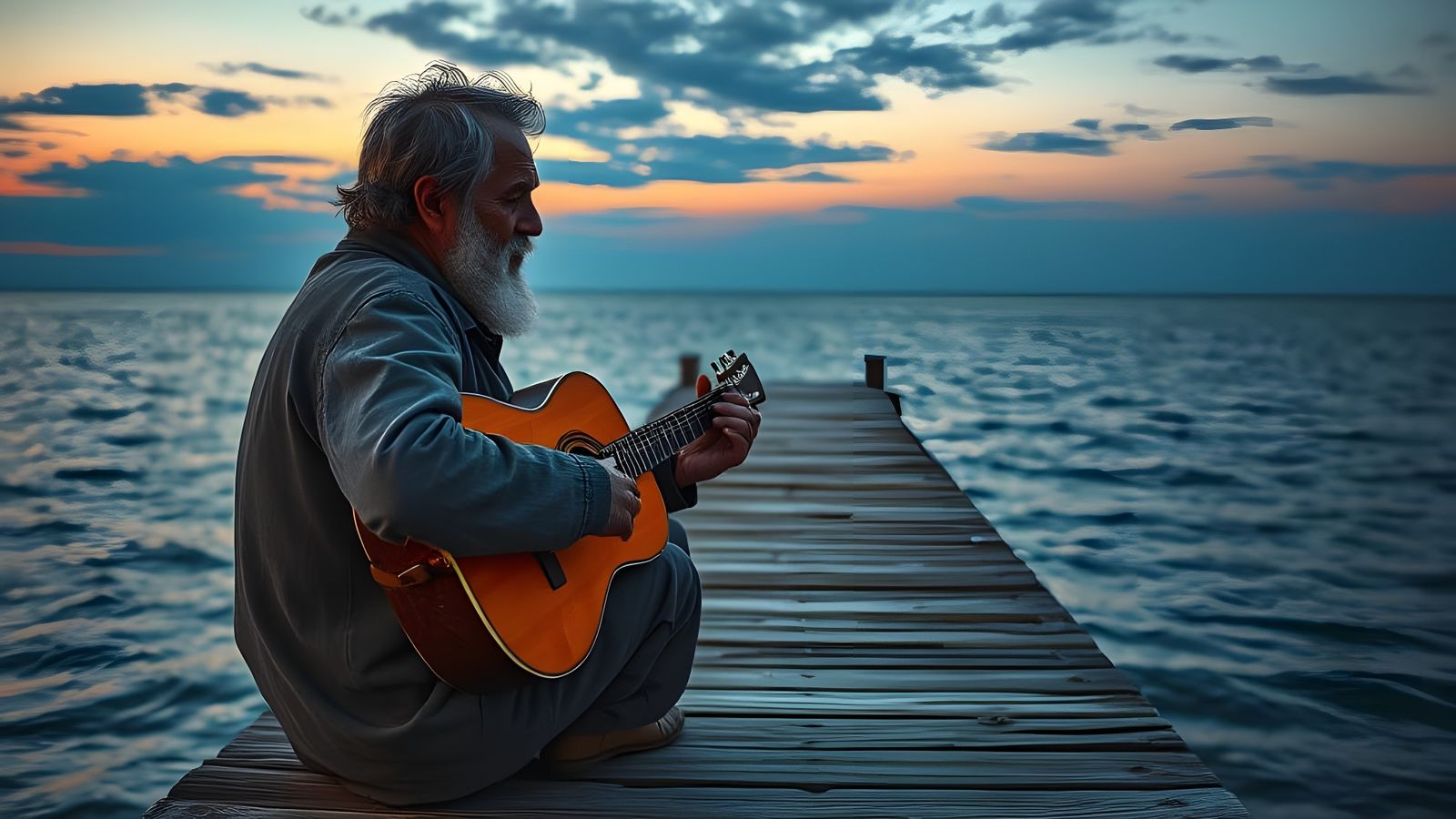Bearded Man Plays Guitar on Pier Facing Ocean