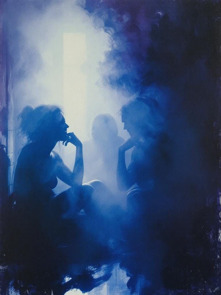 Friends in Misty Sauna with Expressive Brushwork