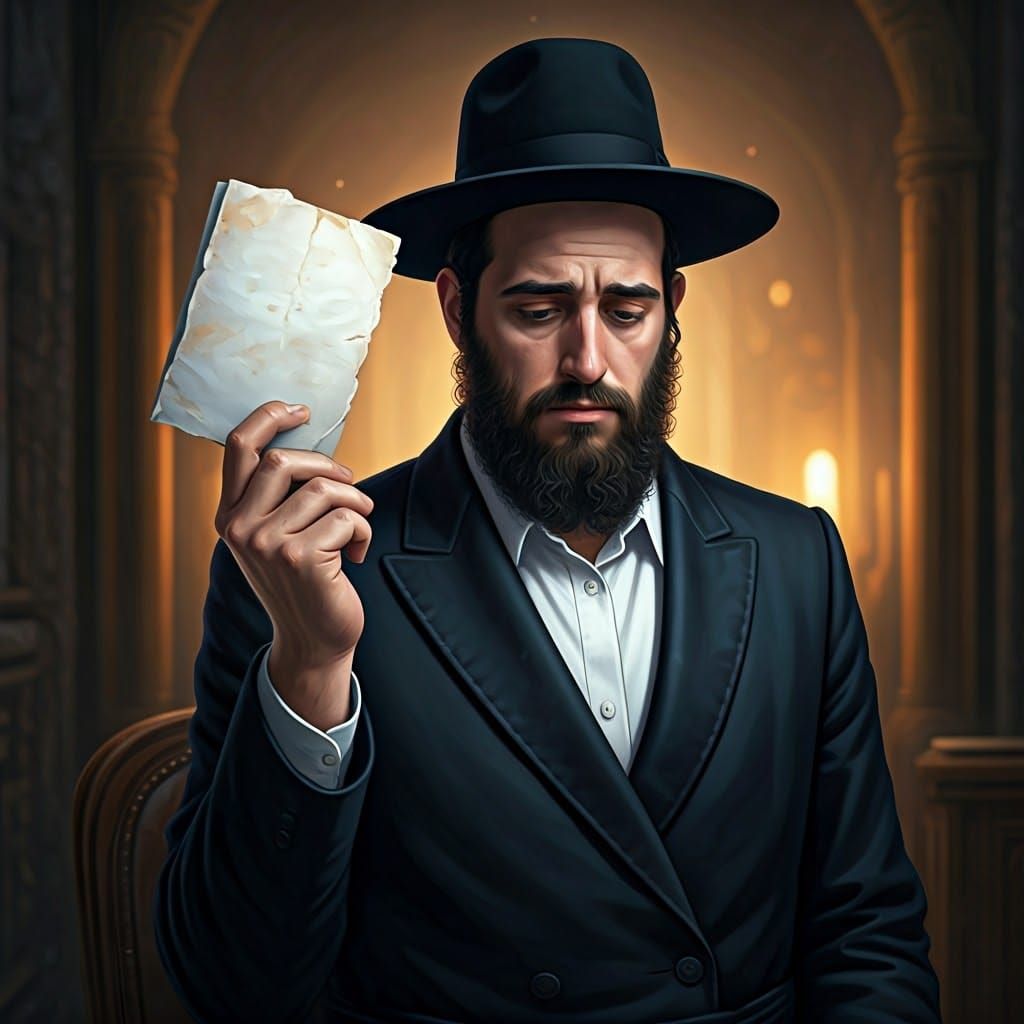 Sorrowful Jewish Man Holding Booklet in Anime Style