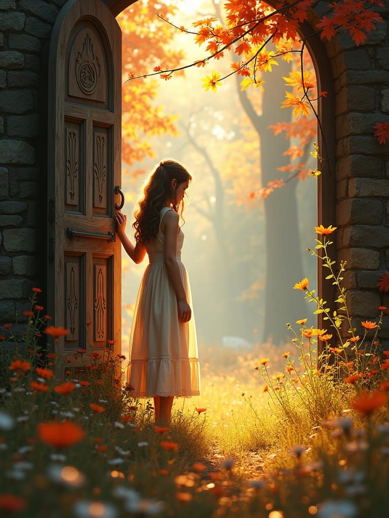 Girl Opens Door to Autumn Fantasy Landscape