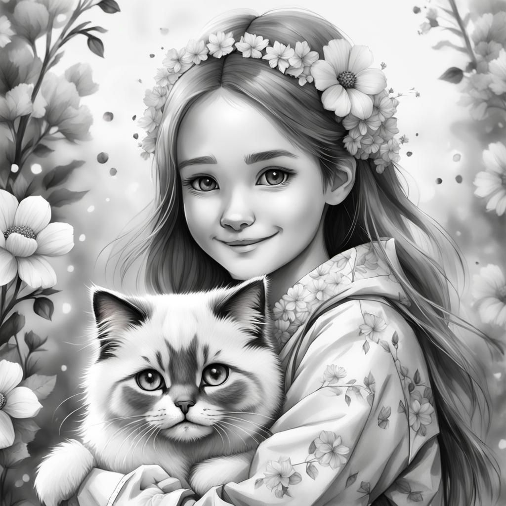 Adorable Girl with Ragdoll: Detailed Grayscale Artgerm-Style...