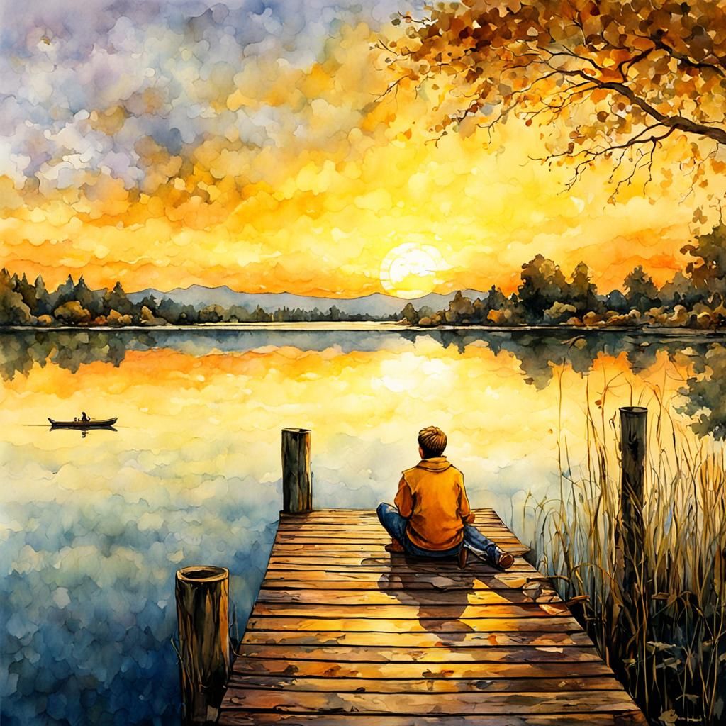 Boy on Dock at Sunset, Watercolor Painting