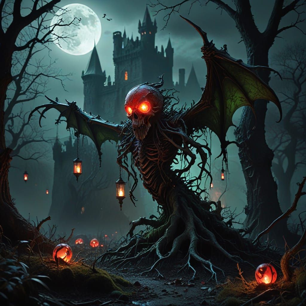 Dark Fantasy Scene with Grotesque Sculpture and Shadowy Crea...