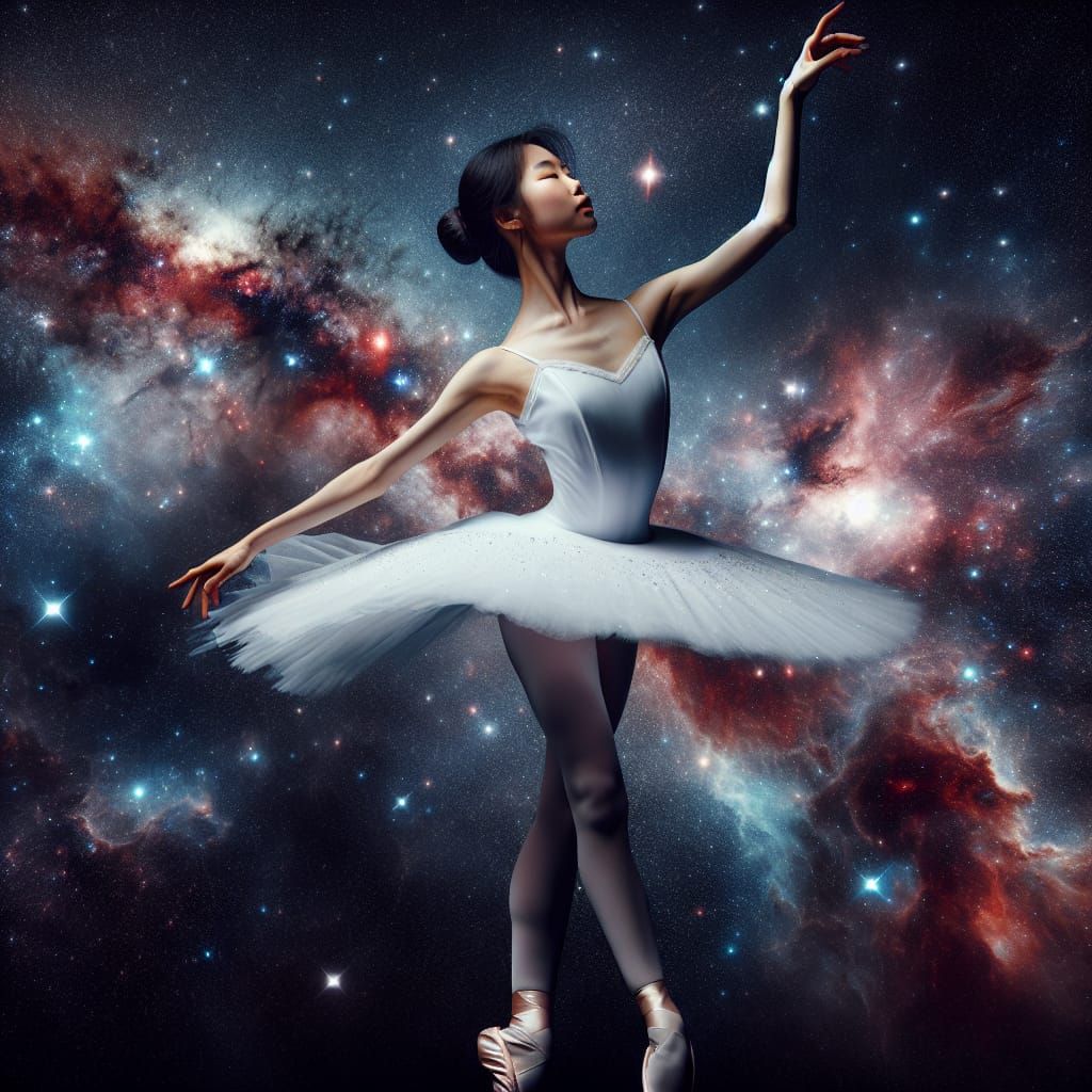Asian Ballerina Dancing Under a Starry Galaxy