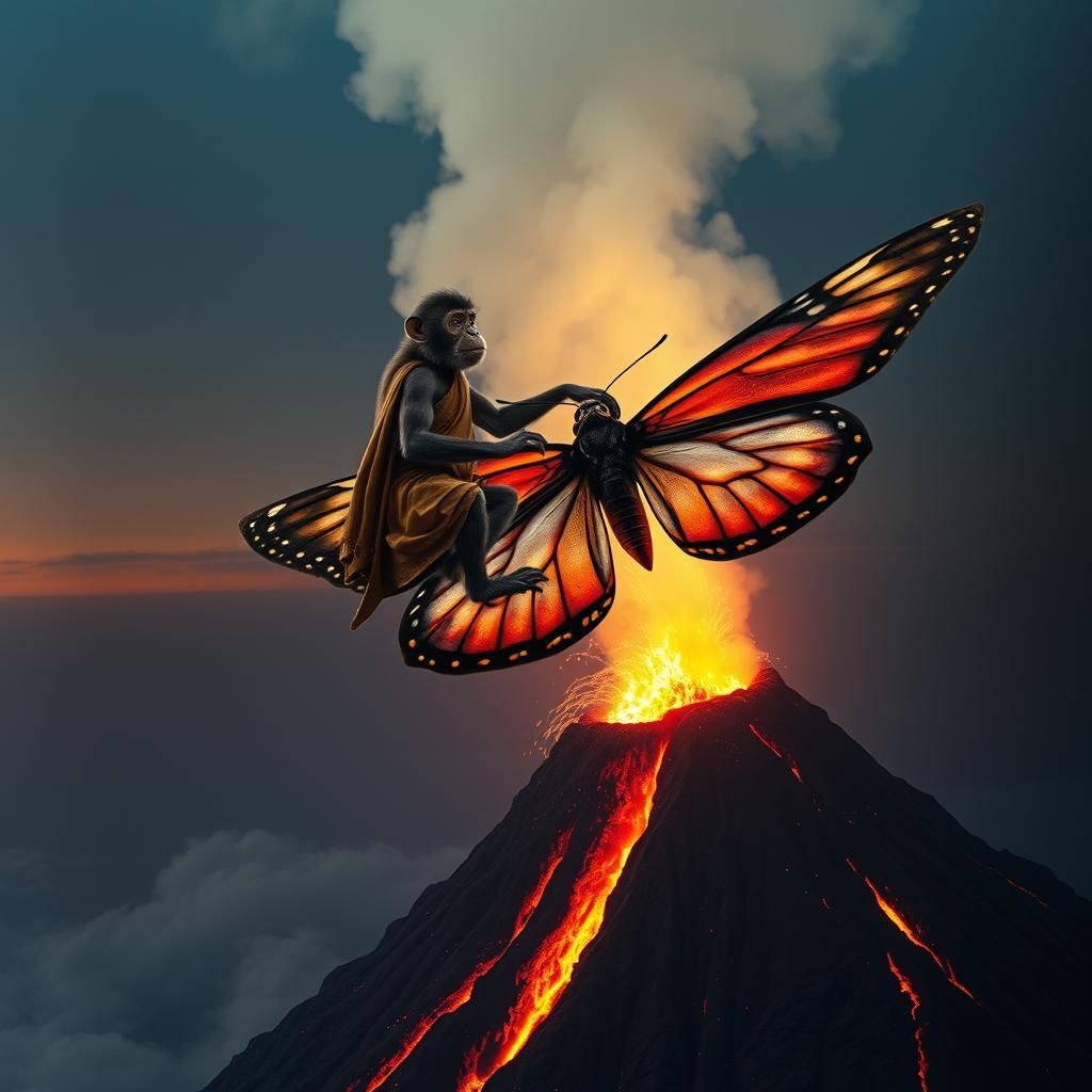 Monkey Riding Butterfly Above Volcano: Cinematic Still