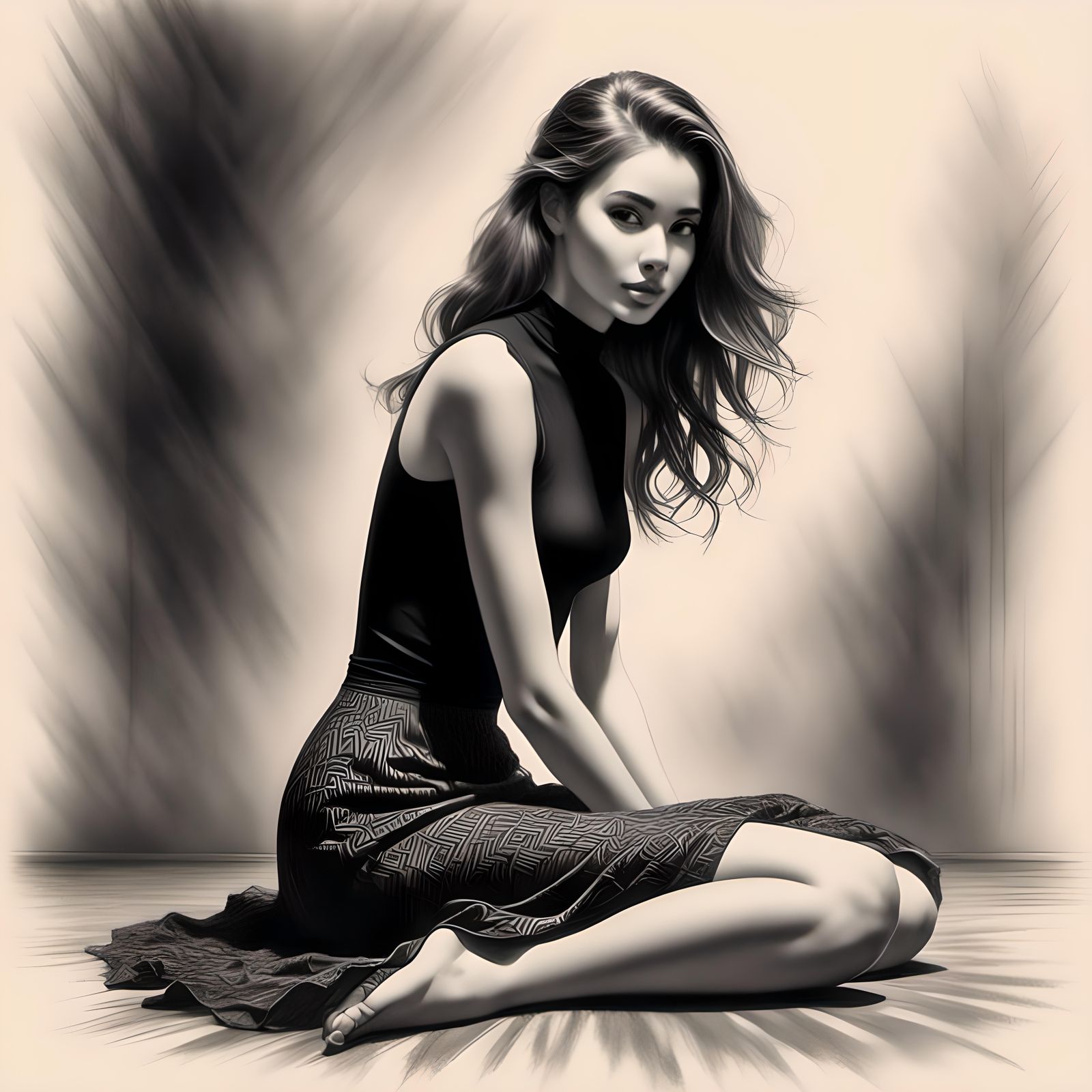 Young Woman in Pencil and Charcoal Drawing