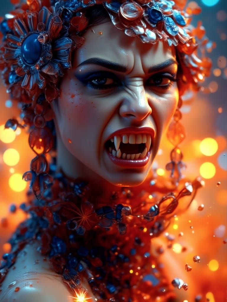 Vampire Woman Baring Fangs in Aggressive Stance