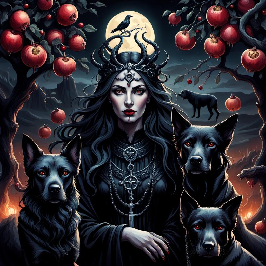 Goddess Hekate with black hair and black clothes in a night ...