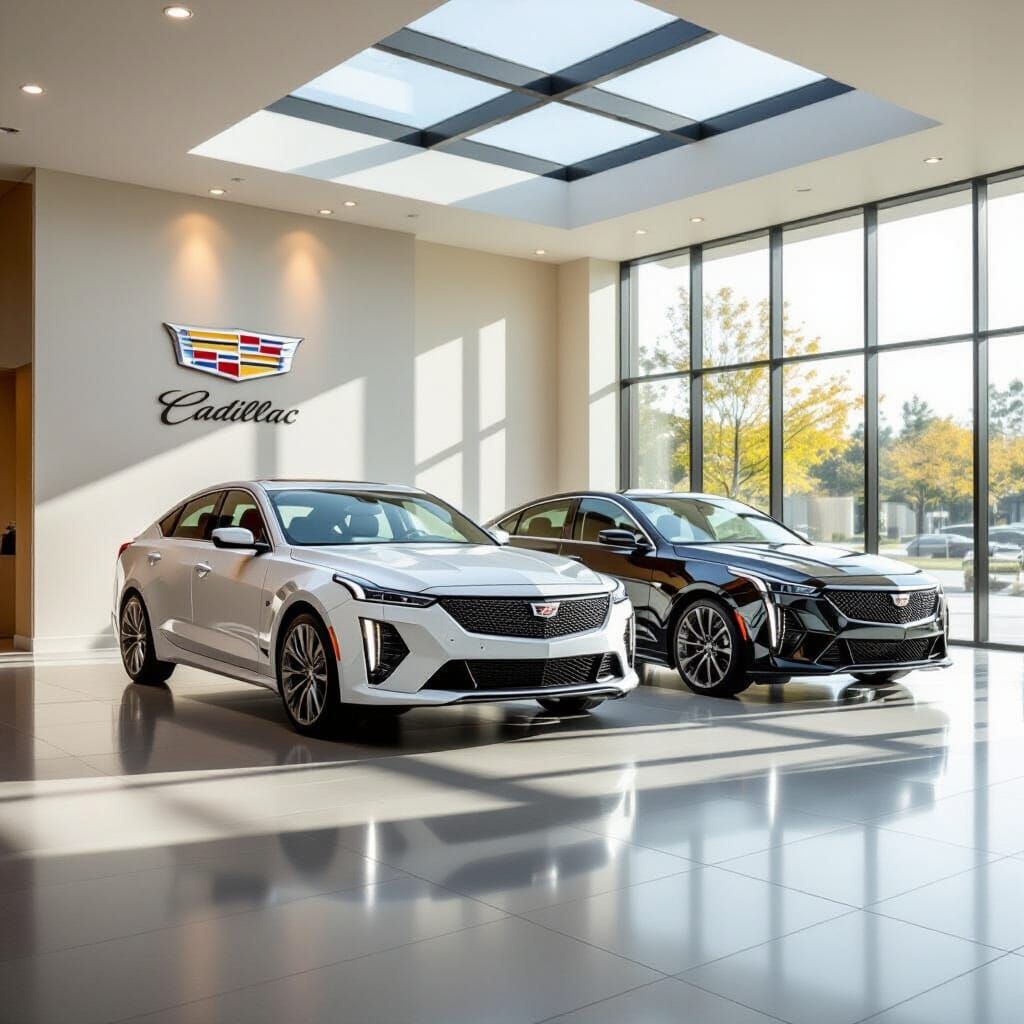 Pristine White Cadillac Sedans in Modern Showroom